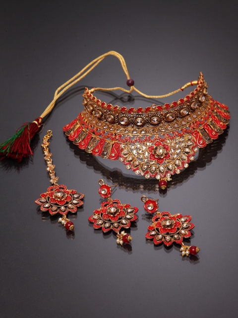 

ANIKAS CREATION Gold-Plated Red Enamelled Traditional Handcrafted Bridal Jewellery Set