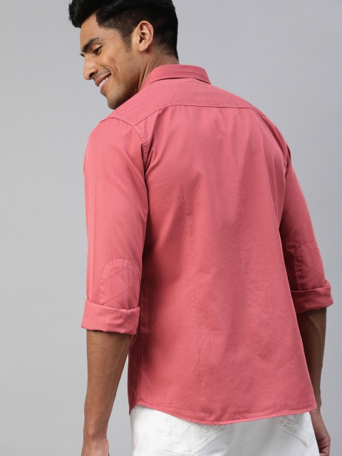 

Mast & Harbour Men Coral Red Slim Fit Solid Twill Weave Casual Shirt