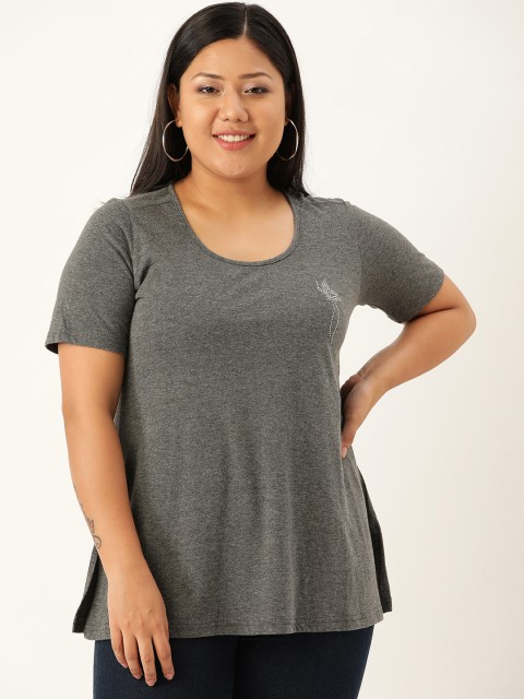 

Revolution Plus Size Women Charcoal Grey Solid Round Neck Pure Cotton T-shirt