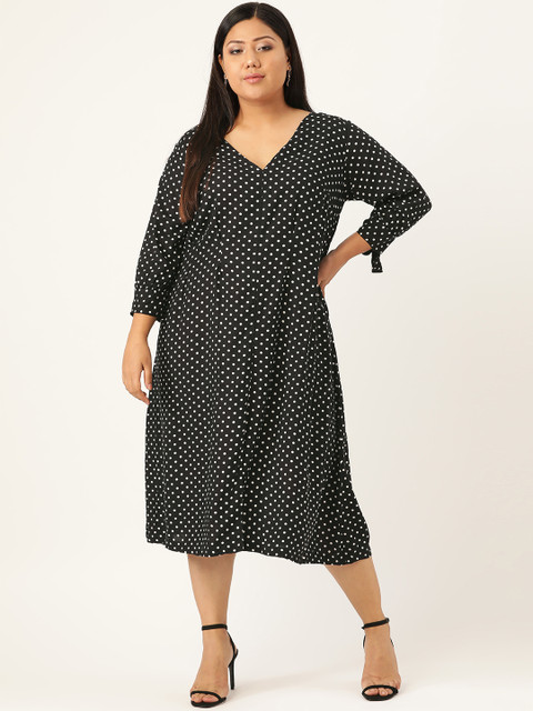 

Revolution Plus Size Women Black White Polka Dots Printed A-Line Dress