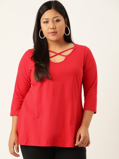 

Revolution Plus Size Women Red Solid Pure Cotton Top