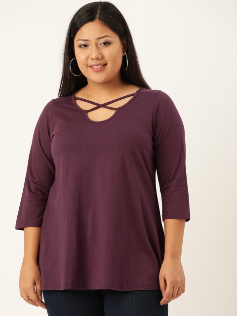 

Revolution Plus Size Women Aubergine Solid Pure Cotton Top, Purple