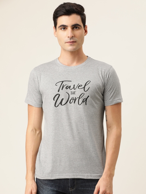 

BE AWARA Men Grey Melange Typography Printed Round Neck Pure Cotton T-shirt