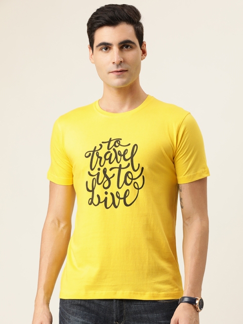 

BE AWARA Men Yellow Typography Printed Round Neck Pure Cotton T-shirt