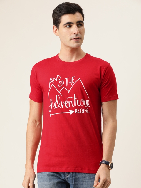 

BE AWARA Men Red Typography Printed Round Neck Pure Cotton T-shirt