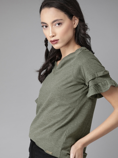 

Roadster Women Olive Green Solid Ruffle Detailed Sleeves Top