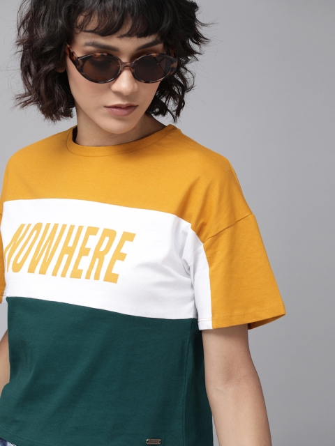 

Roadster Women Yellow White Colourblocked Round Neck Cropped Pure Cotton T-shirt with Print