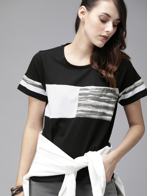 

Roadster Women Black & White Printed Round Neck T-shirt