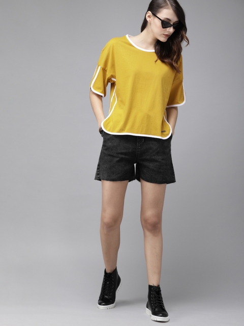 

Roadster Women Mustard Yellow Solid Round Neck T-shirt with Contrast Taping
