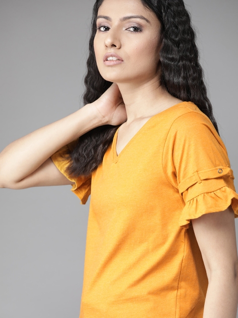 

Roadster Women Mustard Yellow Solid Ruffle Detailed Sleeves Top