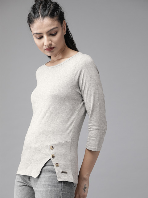 

Roadster Women Grey Melange Solid Round Neck Top
