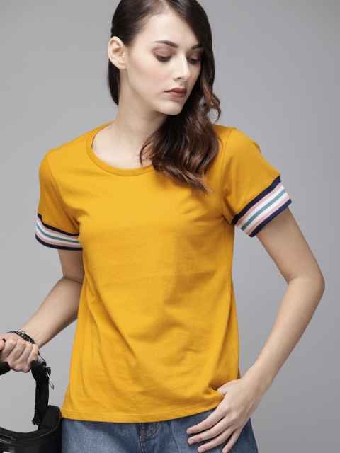 

Roadster Women Mustard Yellow Solid Round Neck T-shirt with Striped Sleeves