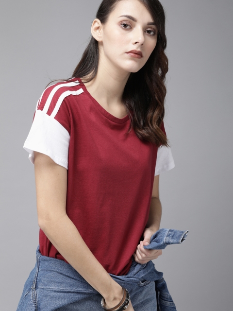 

Roadster Women Maroon Solid Round Neck Contrast Sleeve T-shirt