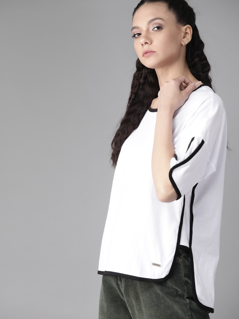 

Roadster Women White Solid Round Neck High-Low Pure Cotton T-shirt