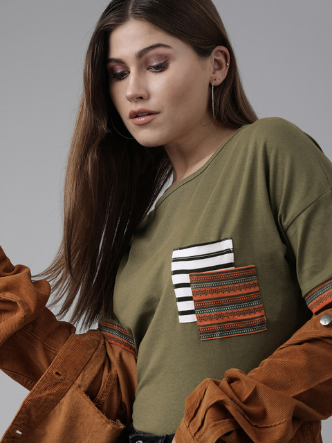 

Roadster Women Olive Green Solid Regular Top With Pocket Detailing