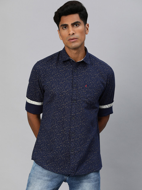 

British Club Men Navy Blue & Grey Slim Fit Printed Casual Shirt