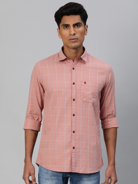 

British Club Men Peach-Coloured & White Slim Fit Checked Casual Shirt