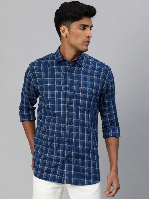 

British Club Men Navy Blue & White Slim Fit Checked Casual Shirt