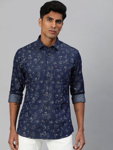 

British Club Men Navy Blue & Grey Slim Fit Floral Printed Casual Shirt
