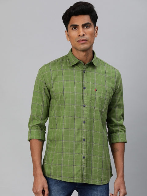 

British Club Men Olive Green & White Slim Fit Checked Casual Shirt