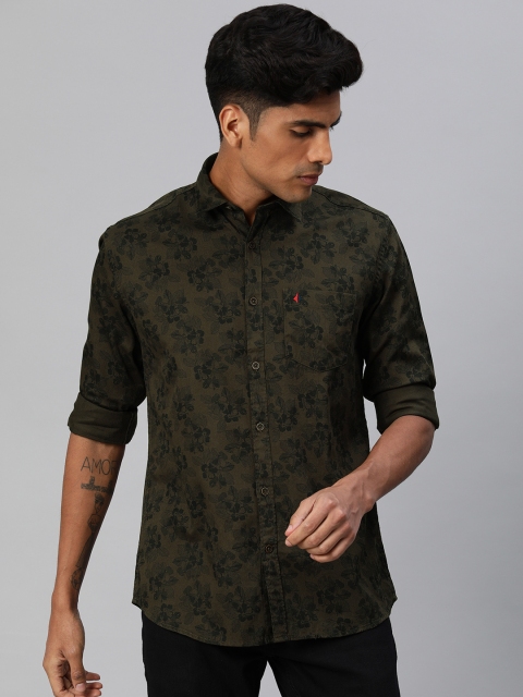 

British Club Men Olive Green & Black Slim Fit Floral Printed Casual Shirt