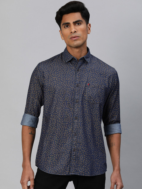 

British Club Men Navy Blue & Brown Slim Fit Printed Casual Shirt
