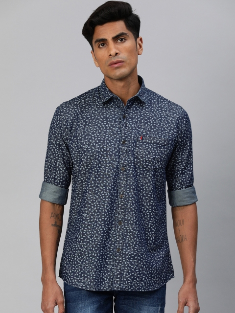 

British Club Men Navy Blue & Grey Slim Fit Floral Printed Casual Shirt
