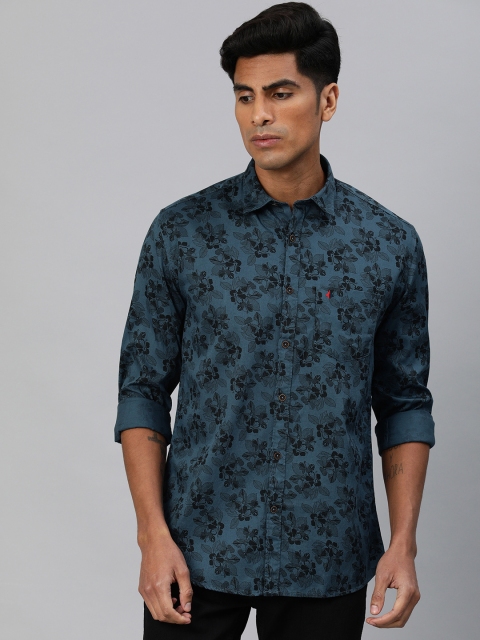 

British Club Men Teal Blue & Black Slim Fit Printed Casual Shirt