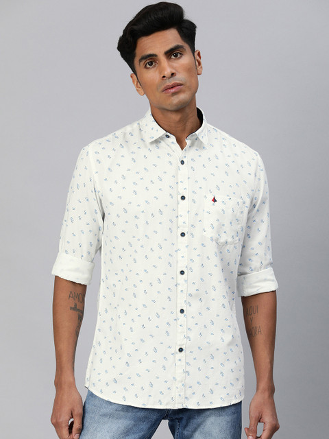 

British Club Men White & Blue Slim Fit Floral Printed Casual Shirt