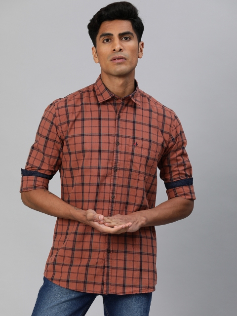 

British Club Men Rust Orange & Navy Blue Slim Fit Checked Casual Shirt