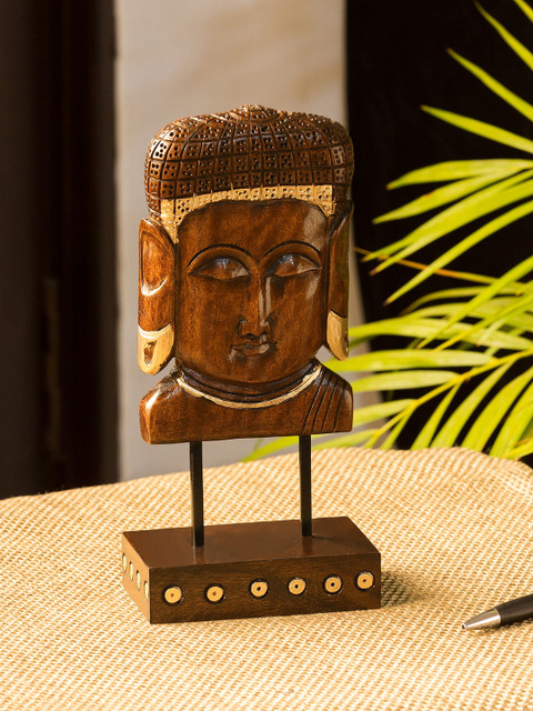 

ExclusiveLane Brown & Gold-Toned Enlightened Buddha Hand Carved Wooden Showpiece