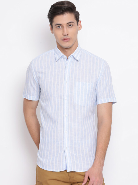 

Crimsoune Club Men Blue & White Slim Fit Striped Casual Linen Shirt
