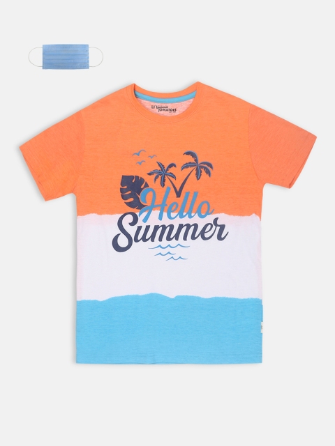 

Lil Tomatoes Boys Orange & White Colourblocked Round Neck T-shirt