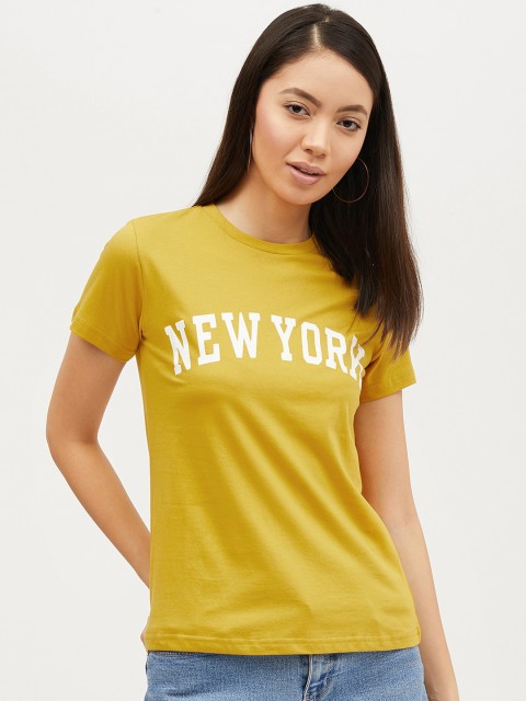 

Harpa Women Mustard yellow Printed Round Neck T-shirt