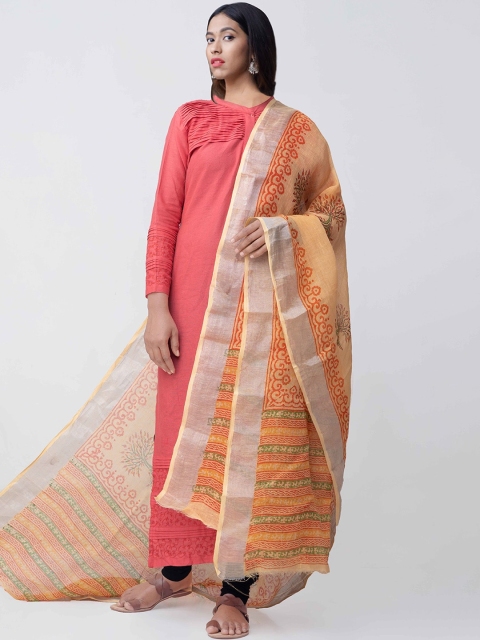 

Unnati Silks Orange Jaipuri Hand Block Printed Pure Handloom Linen Sustainable Dupatta