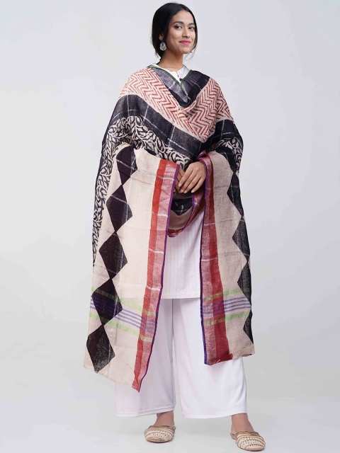 

Unnati Silks Cream-Coloured & Red Bagru Printed Linen Sustainable Dupatta