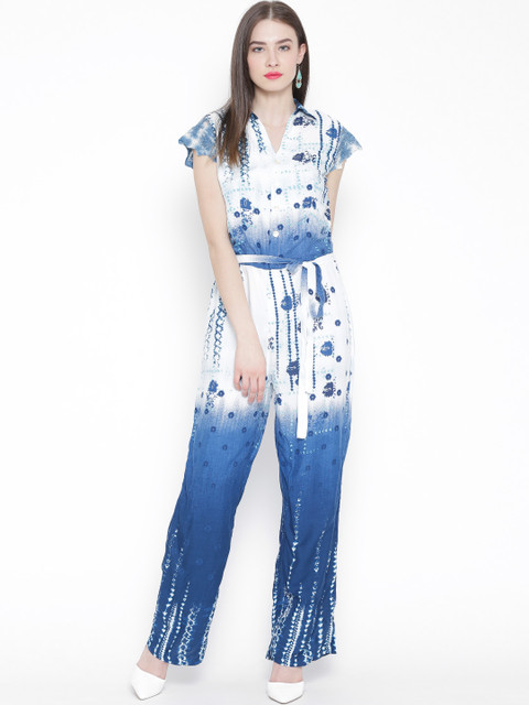 

BIBA White & Blue Printed Jumpsuit with Belt