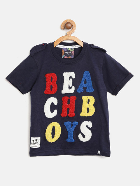 

Nauti Nati Boys Navy Blue & Red Applique Round Neck T-shirt