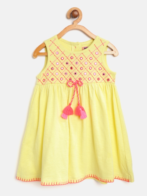 

Nauti Nati Girls Yellow Solid Empire Dress with Embroidered Detail