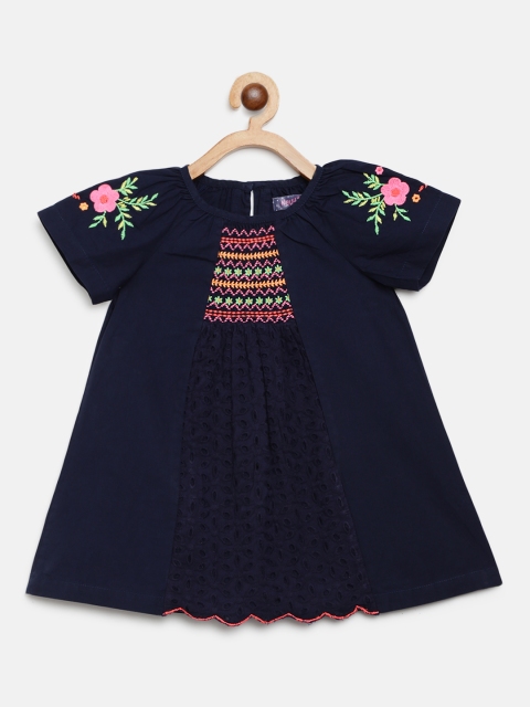

Nauti Nati Girls Navy Blue Schiffli Embroidered A-Line Dress