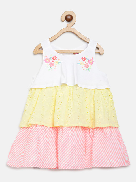 

Nauti Nati Girls White Striped A-Line Dress with Schiffli Embroidered Detail