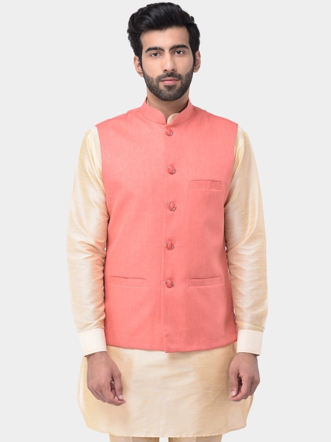 

SG LEMAN Men Peach-Coloured Solid Woven Nehru Jacket