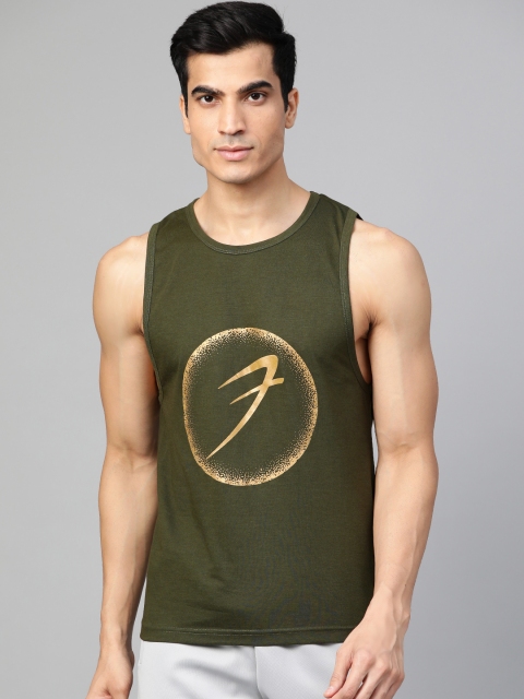 

FUAARK Men Olive Green & Golden Printed Round Neck T-shirt