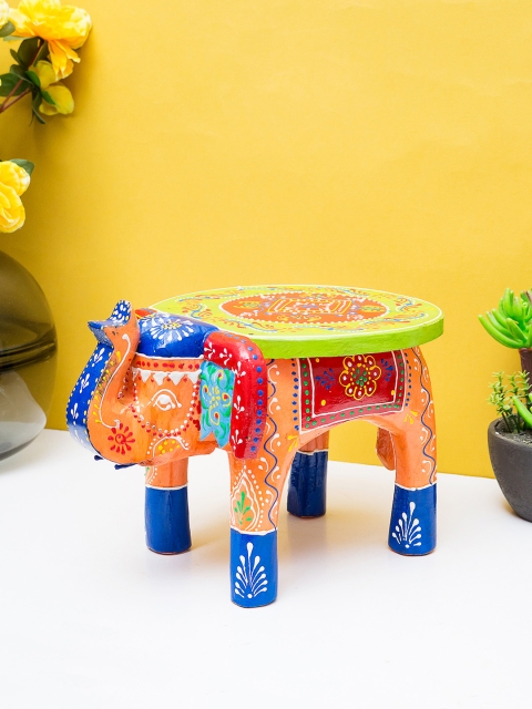 

Golden Peacock Orange & Blue Wooden Handcrafted Elephant Stool