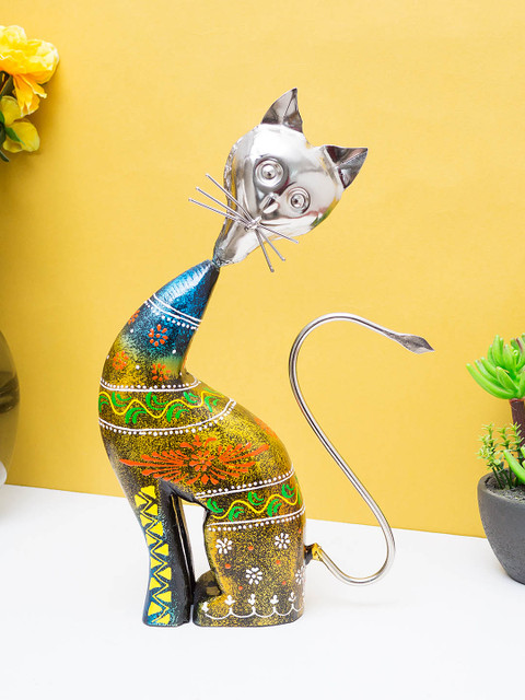 

Golden Peacock Blue & Yellow Handcrafted Cat Shaped Showpiece