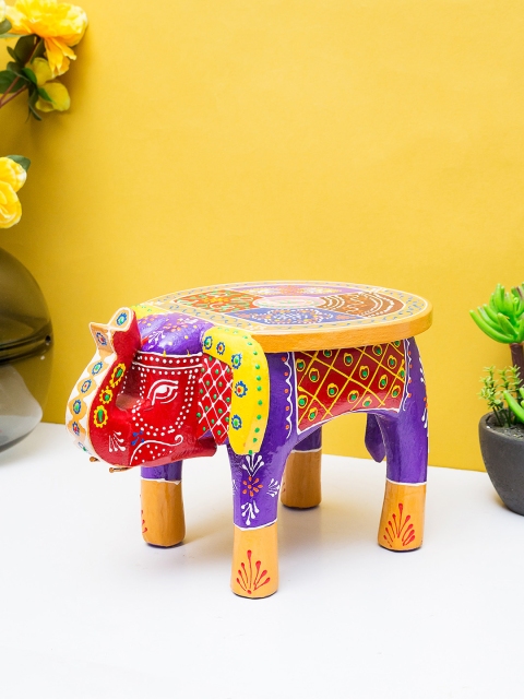 

Golden Peacock Blue & Red Handcrafted Wooden Elephant Stool Showpiece