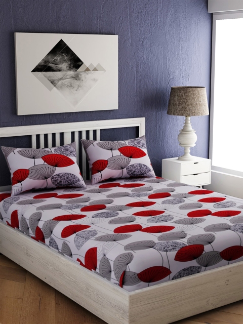 

EverHOME Off-White & Red Floral 144 TC Cotton 1 Queen Bedsheet with 2 Pillow Covers