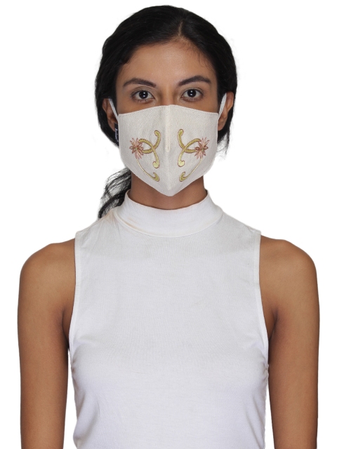 

Anekaant Women 3-Ply Reusable Yellow Cotton Embroidered Fabric Fashion Mask, White