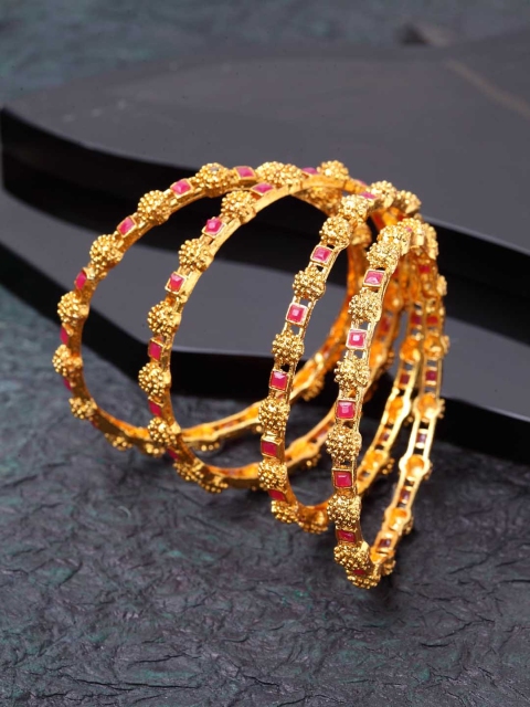 

Shining Diva Set Of 4 Gold-Plated & Pink Stone-Studded Antique Bangles