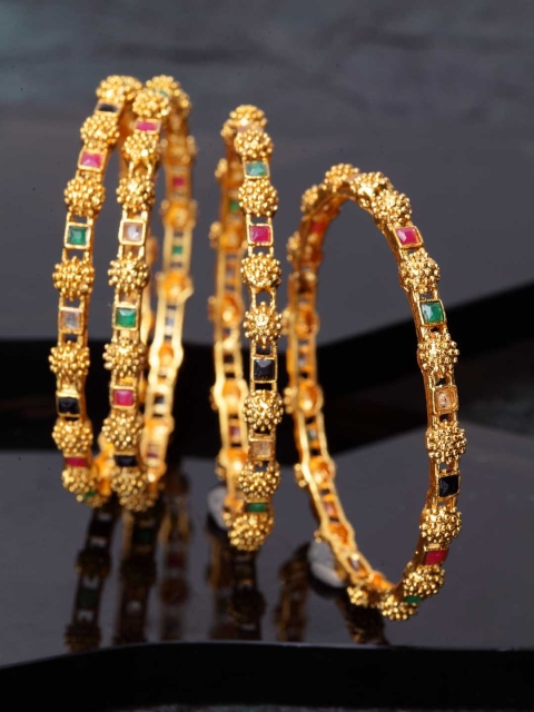 

Shining Diva Set of 4 Gold-Plated Green & Red Stone-Studded Bangles
